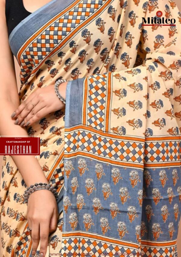 Unique Flora Pattern Block HandPrint Cotton Saree - Image 4