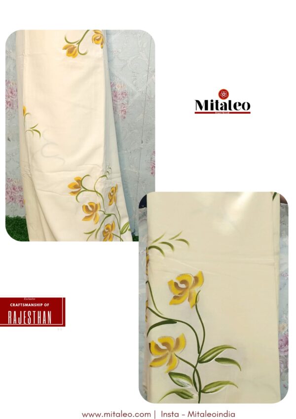 Yellow Flowers On Butter Colour Cotton Saree - Image 3