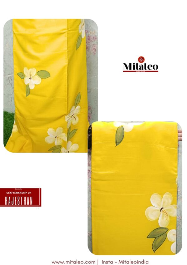 Yellow Saree with White Flowers Cotton Saree - Image 3